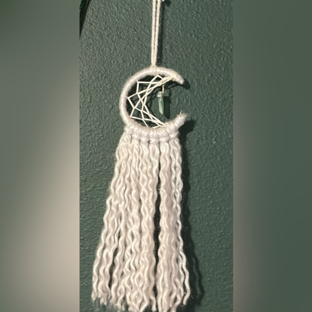 All white super cute dream catcher with green pendant
